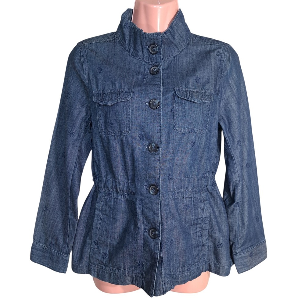 Talbots Jacket Women's Collared Safari Denim Jacket Button Embroidered Floral PS
